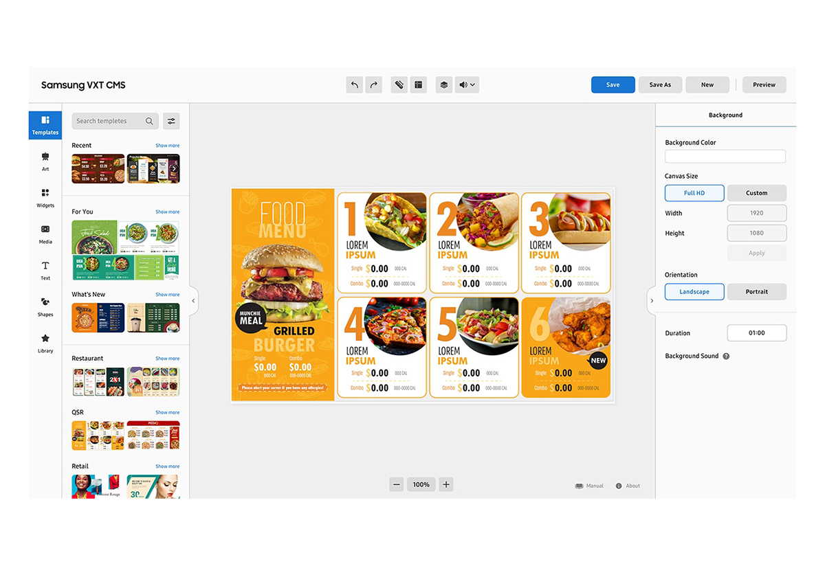 Απεικονίζονται οι διάφορες επιλογές της οθόνης σε φαστφουντάδικο.